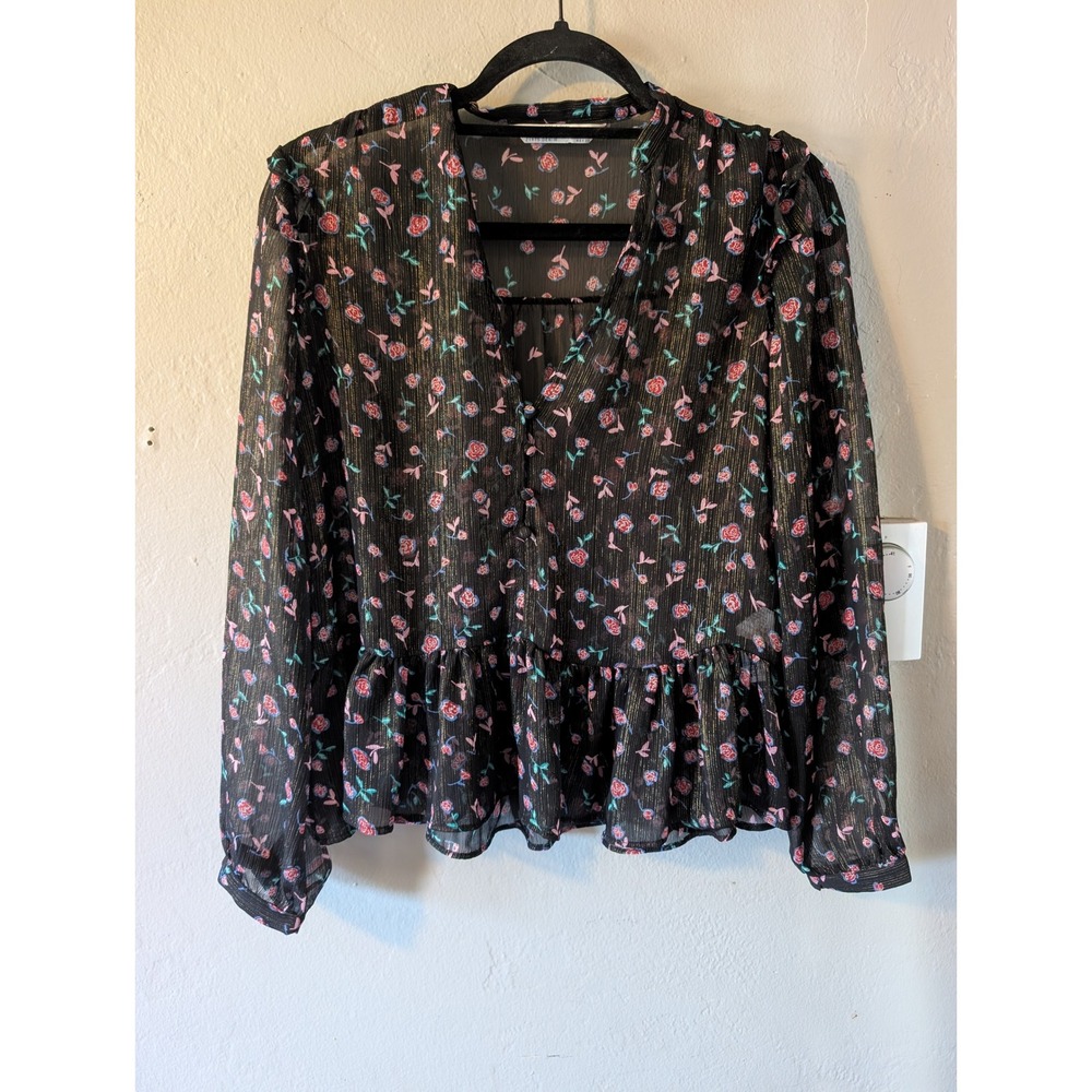 Zara Z1975 Black Floral Sheer Blouse XS Gold Lurex Ruffle Peplum